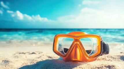Vibrant Orange Snorkel Mask on Sandy Beach by Crystal Clear Ocean