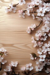 Art spring flowers background. Wooden table with white cherry blossoms, creating an elegant and minimalist background for text or product display
