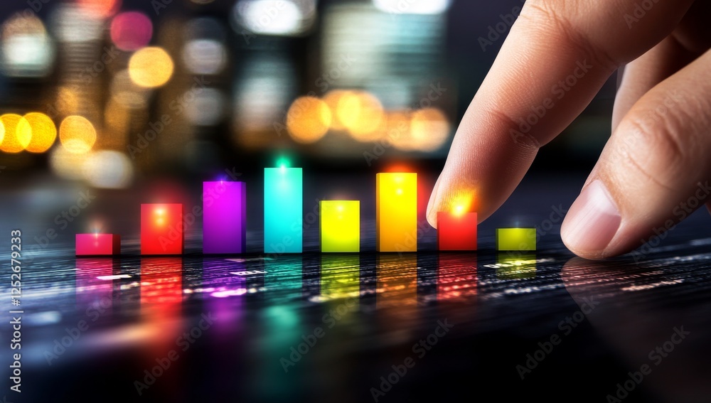 Aufkleber hand pointing at glowing colorful bar graph representing business analytics