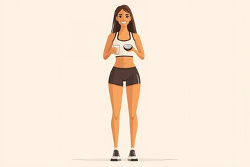 Fototapeta premium Young woman smiling while holding coconut milk and bowl of food, promoting paleolithic diet for weight loss. Concept involves paleolithic diet for healthy lifestyle choices
