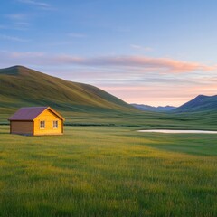 Wooden Cabin Nestled in Meadow Under Stunning Sunset Light