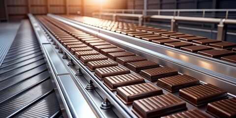Fototapeta premium Gleaming Conveyor Belts Transporting Rows of Delicious Chocolate Bars in a Modern Factory Setting