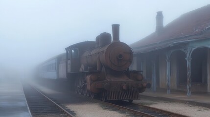 Naklejka premium Vintage Steam Locomotive in Dense Fog at an Abandoned Station