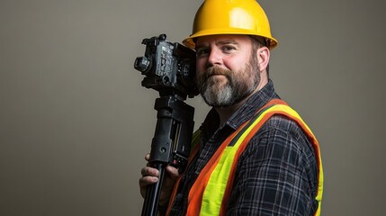 Fototapeta premium Construction worker studio portrait, holding survey equipment, grey background, safety