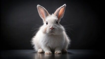 Obraz premium A Fluffy White Rabbit Posing Against a Dark Background, Adorable Pet, Soft Fur, Cute Creature, Small Mammal