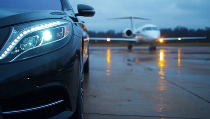 Close-up of black car on airport with private jet in background
