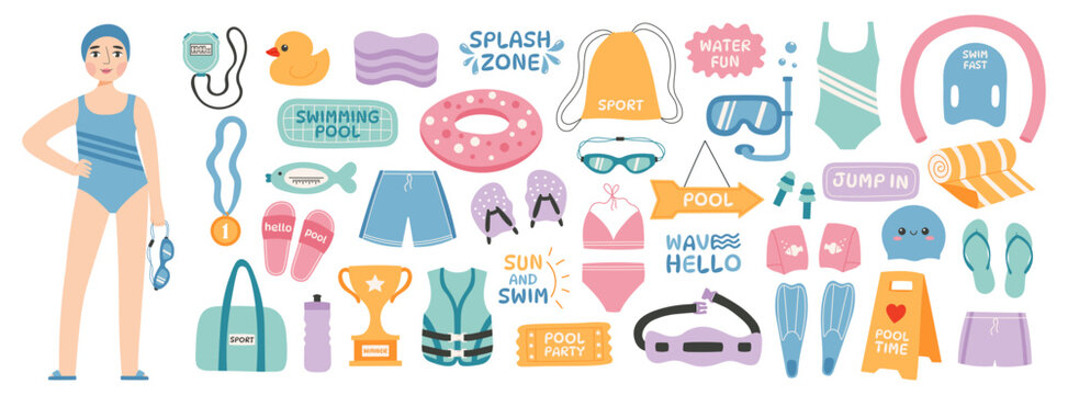 Summer swimming and pool accessories. Swimmer woman in a swimsuit. Set of swim sport equipment. Hand drawn vector illustration