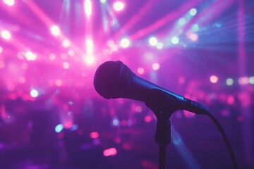 Obraz premium Microphone on Stage: Captivating Concert Atmosphere with Vibrant Lights and Sounds