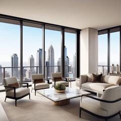 "Modern dining area with a minimalist aesthetic, featuring a round black table with four green upholstered chairs. The room has an elegant green accent wall with paneling, a large blank picture frame,