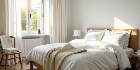 Serene Bedroom Sanctuary Sunlit Morning in a Minimalist Space with Soft Textiles and Natural Light