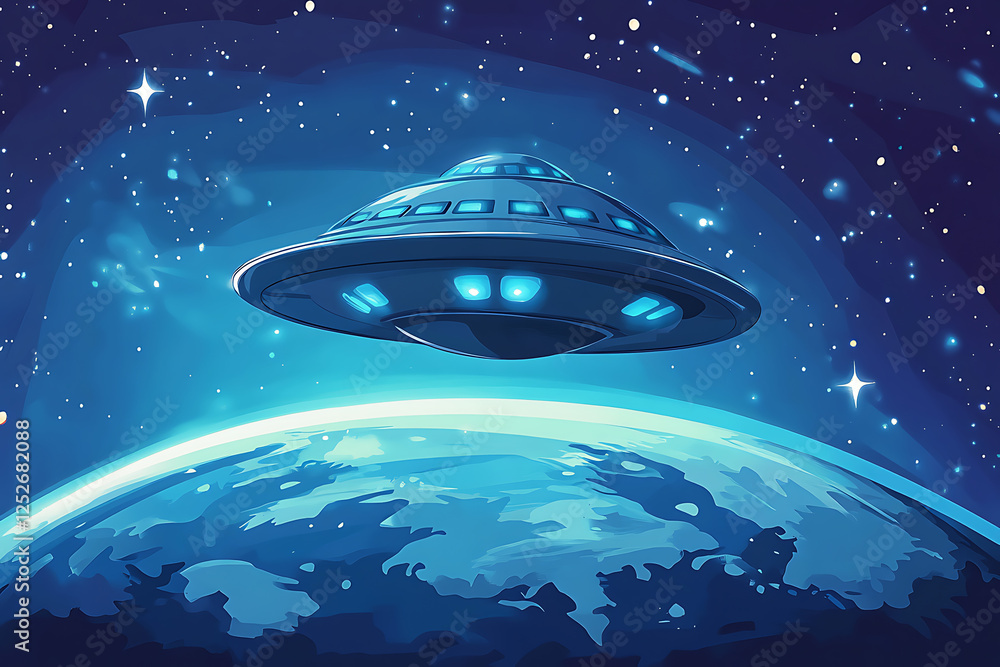 Poster a futuristic spaceship hovering above a vibrant blue planet in a starry outer space setting