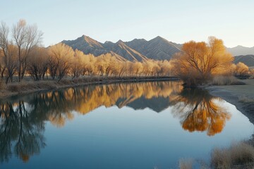 Serene Autumn Landscape Reflecting Mountains and Golden Trees