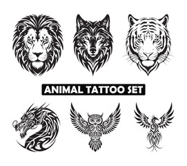 Fototapeta premium Tribal Animal Tattoo Designs Vector Set for Body Art