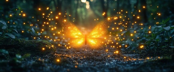 Obraz premium Glowing Butterfly In Dark Forest