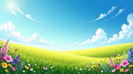 Obraz premium A Sunny Meadow Landscape Featuring Vibrant Wildflowers Blooming in Rolling Hills Under a Bright Blue Sky with Puffy Clouds