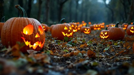 Enchanting jacko'lantern pathway lit in mysterious forest at dusk