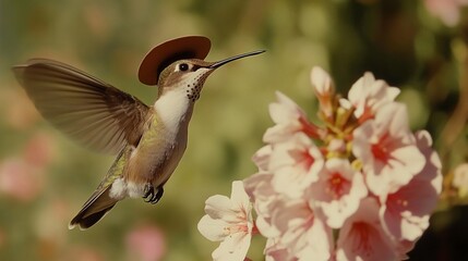 Fototapeta premium Hummingbird with Tiny Hat Near Delicate Pink Blossoms in Garden