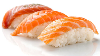 Fresh salmon sushi nigiri with glossy texture, white rice base, vibrant orange fish, Japanese cuisine, gourmet raw seafood dish
