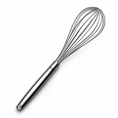 A sleek silver whisk rests on a white background