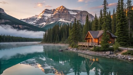 Fototapeta premium Aerial View: Pristine Mountain Lake Retreat - Drone Photography of Elegant Nature