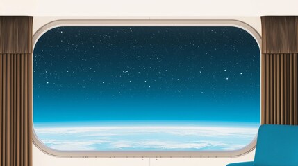 Naklejka premium Stunning View of Earth from Spacecraft Window: Blue Horizon and Starry Sky
