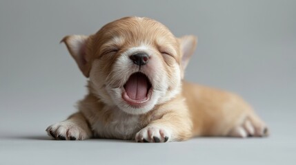 Obraz premium Adorable puppy yawning cozy indoor setting cute animal photography playful atmosphere close-up view heartwarming moments
