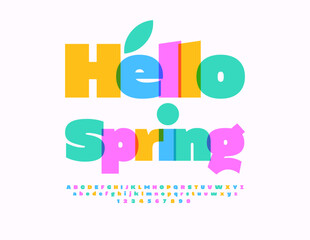 Vector Colorful Card Hello Spring. Transparent Watercolor Font. Modern Alphabet Letters and Numbers.