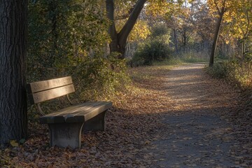 Serene Pathway with Wooden Bench Surrounded by Autumn Foliage