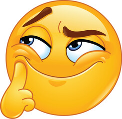 Emoji Emoticon with a Sly Smirk, Raised Eyebrows, and a Finger Resting on Its Cheek, Exuding Mischief, Playful Scheming or Thinking