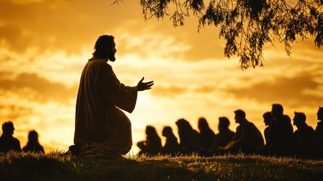 A silhouette of Jesus teaching a crowd of people outdoors