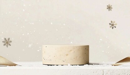 Beige round pedestal display, snowflakes falling, neutral background, minimalist product presentation, soft lighting