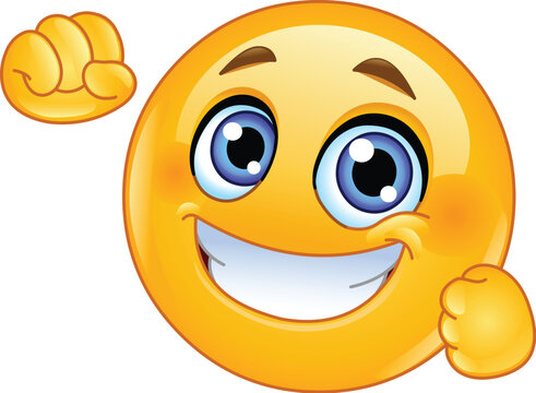 Naklejki Happy Emoji Emoticon with a Big Smile and Raised Fists, Expressing Excitement and Success