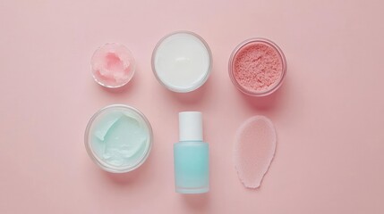 Pastel Pink and Blue Skincare Products Flatlay