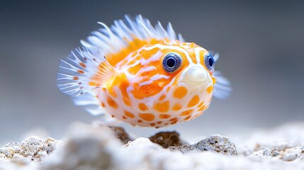 Orange spotted pufferfish swimming aquarium, close-up