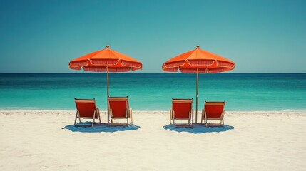 Fototapeta premium Beach chairs, umbrellas, ocean view, relaxation