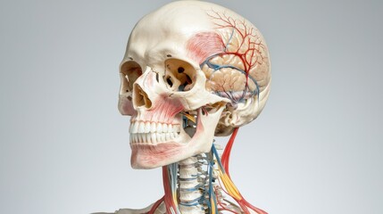 Detailed Anatomical Skull Model Displaying Human Anatomy, Cranial Structures, Vascular System, and Nerve Pathways in a Scientific Illustration