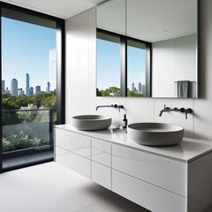 "Modern minimalist bathroom interior with a sleek white double vanity, round vessel sinks, and wall-mounted faucets. Large mirror reflecting natural light from floor-to-ceiling windows with a city sky