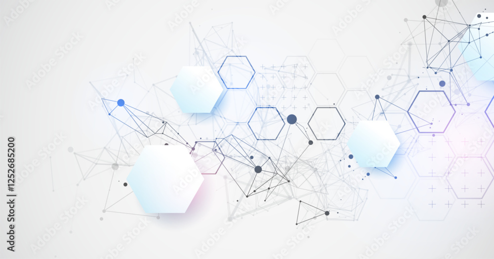 Aufkleber Abstract scientific vector background. Light gray gradient of hexagons of different shapes with plexus effect.