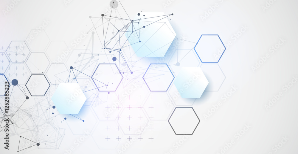 Leinwandbilder Abstract scientific vector background. Light gray gradient of hexagons of different shapes with plexus effect.