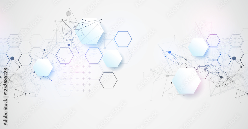 Fototapete Abstract scientific vector background. Light gray gradient of hexagons of different shapes with plexus effect.