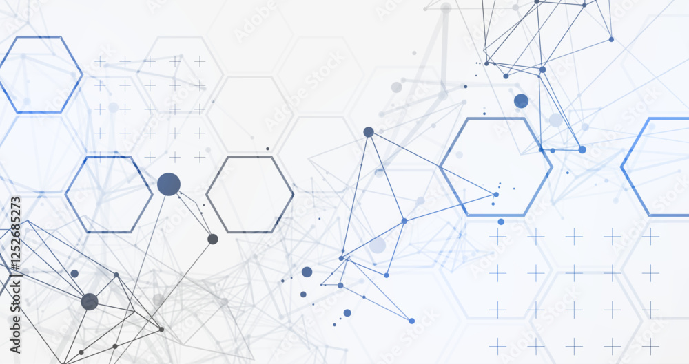 Leinwandbilder Abstract scientific vector background. Light gray gradient of hexagons of different shapes with plexus effect.