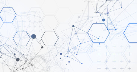Abstract scientific vector background. Light gray gradient of hexagons of different shapes with plexus effect.