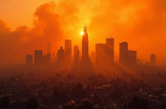 Dramatic sunset casts orange glow over city skyline with silhouetted buildings in smoky atmosphere