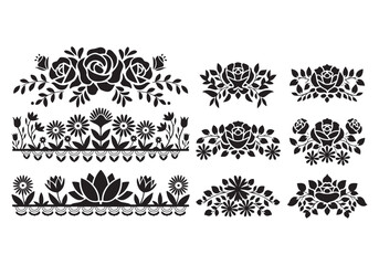 An illustration of floral border designs in silhouette form. The designs include roses, daisies, lotus flowers, and more. The flowers are arranged along a central line, providing symmetry. The vector 
