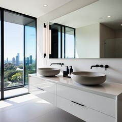 "Modern minimalist bathroom interior with a sleek white double vanity, round vessel sinks, and wall-mounted faucets. Large mirror reflecting natural light from floor-to-ceiling windows with a city sky