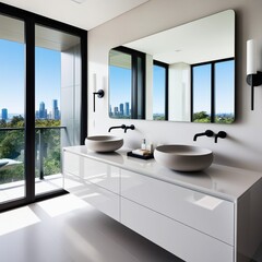 "Modern minimalist bathroom interior with a sleek white double vanity, round vessel sinks, and wall-mounted faucets. Large mirror reflecting natural light from floor-to-ceiling windows with a city sky