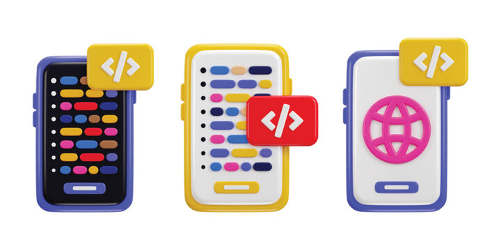 Smart phone and program code development coding icon set concept of mobile app development icon 3d render