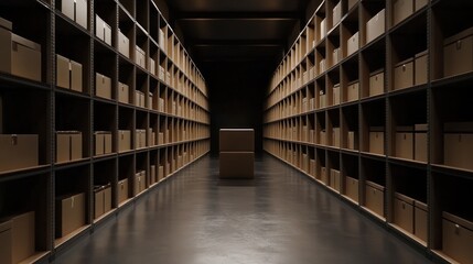 Fototapeta premium Dark warehouse aisle, stacked boxes, logistics, storage, distribution