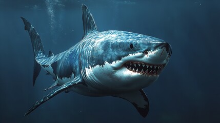 A Megalodon shark in the deep sea Large and sharp-toothed, swimming in the deep sea, among small prehistoric fish.