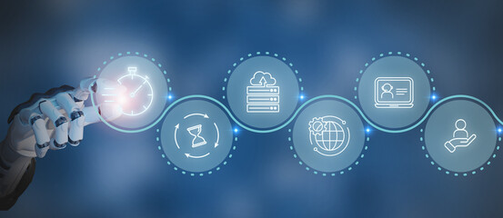 Customer service with AI, speed of service concept. Touching screen with quick service tech icon. Response and resolution times in SLA. Ensuring clients receive timely help and service from provider.